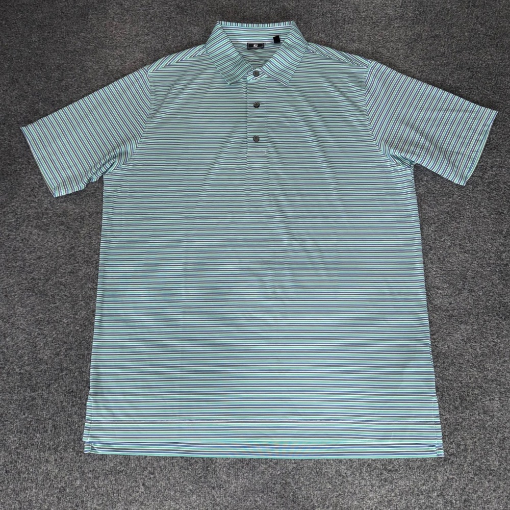 FootJoy Mens L Blue Green Striped Golf Polo Shirt Stretch Short Sleeve Athletic